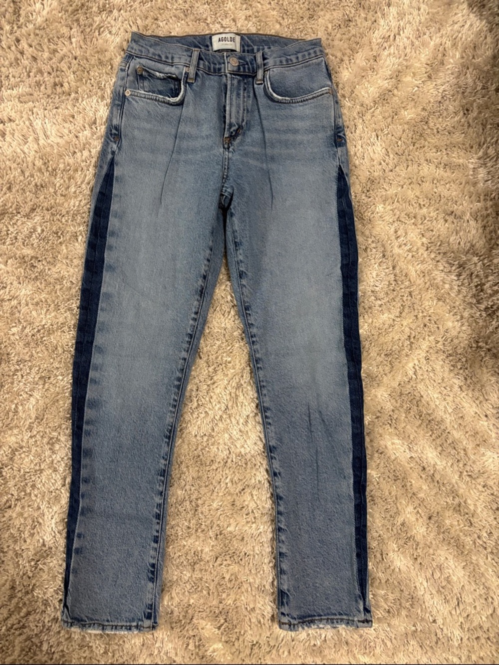 Agolde Toni Light Blue Denim High-Rise Jeans with Dark Blue Side Stripes